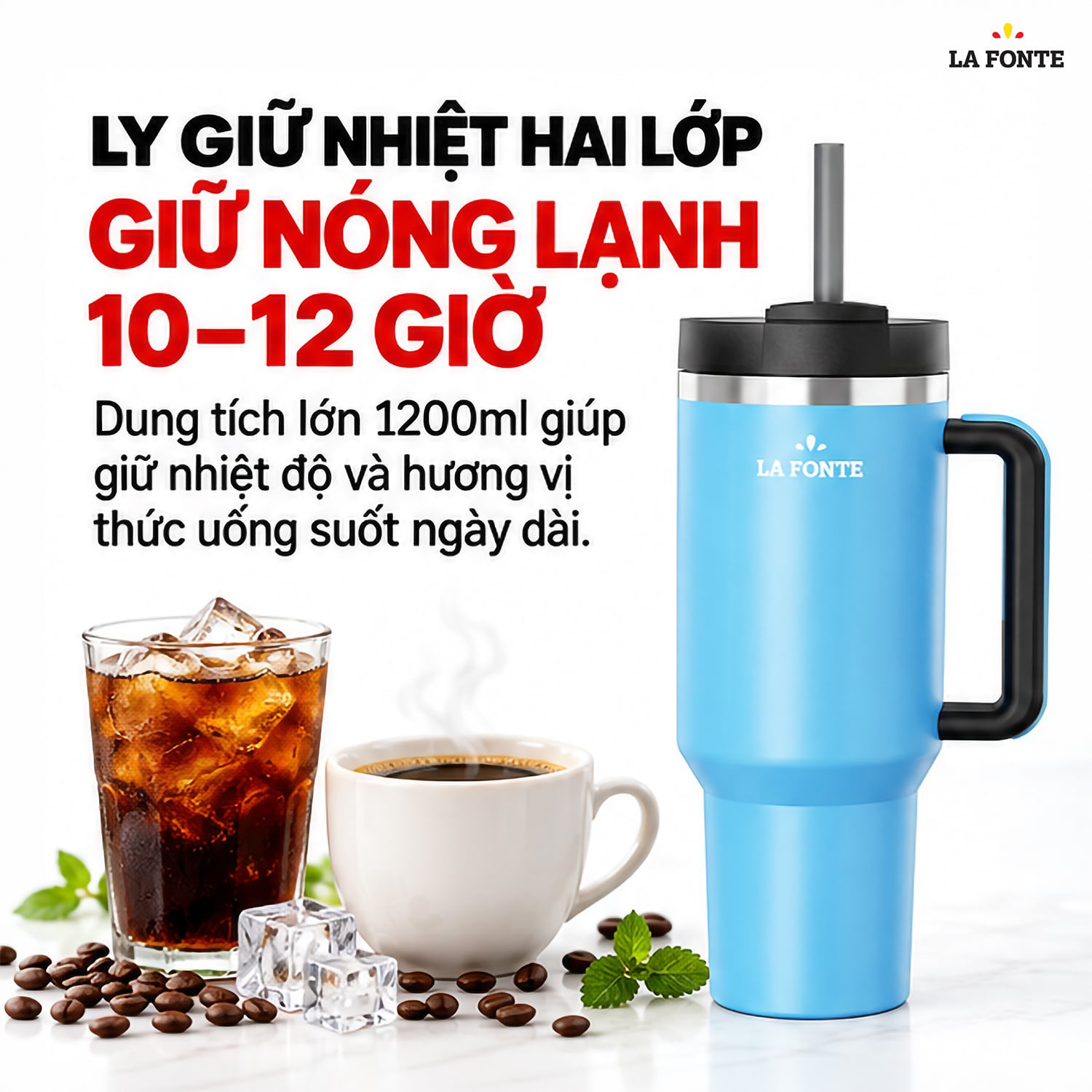 Ly Giữ Nhiệt 2 Lớp Kèm Ống Hút Có Tay Cầm SUS304 La Fonte 1200 ml Màu Xanh Dương – Tay Cầm Kèm Ống Hút