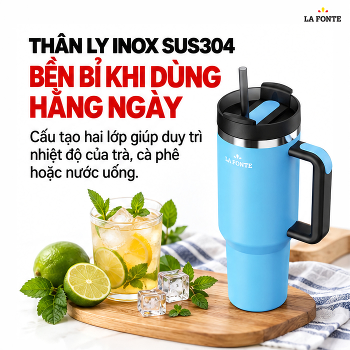 Ly Giữ Nhiệt 2 Lớp Kèm Ống Hút Có Tay Cầm SUS304 La Fonte 1200 ml Màu Xanh Dương – Tay Cầm Kèm Ống Hút