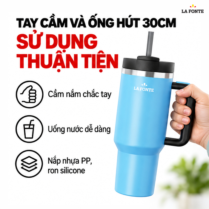 Ly Giữ Nhiệt 2 Lớp Kèm Ống Hút Có Tay Cầm SUS304 La Fonte 1200 ml Màu Xanh Dương – Tay Cầm Kèm Ống Hút