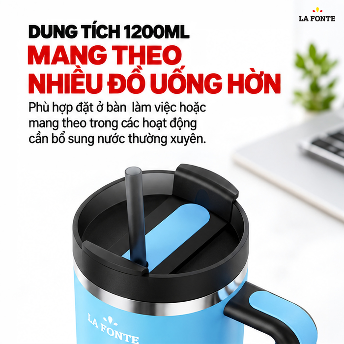 Ly Giữ Nhiệt 2 Lớp Kèm Ống Hút Có Tay Cầm SUS304 La Fonte 1200 ml Màu Xanh Dương – Tay Cầm Kèm Ống Hút