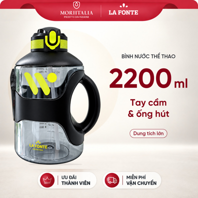 Bình Nước Thể Thao La Fonte 2200 ml Màu Đen – Tay Cầm Kèm Ống Hút