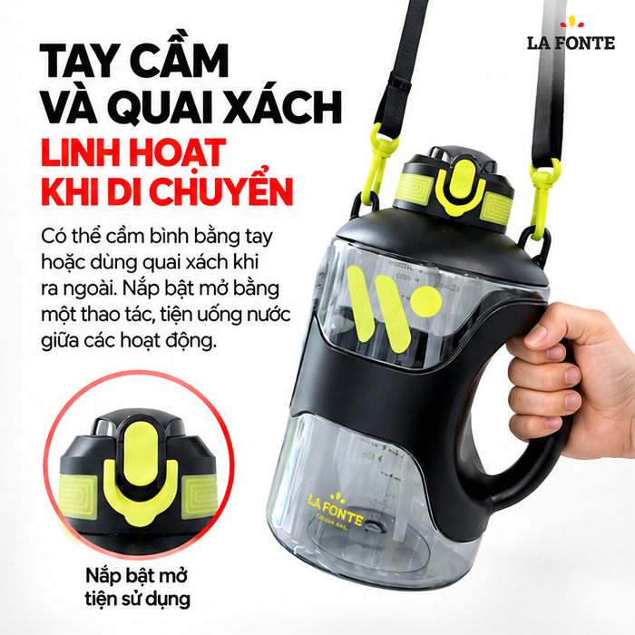 Bình Nước Thể Thao La Fonte 2200 ml Màu Đen – Tay Cầm Kèm Ống Hút