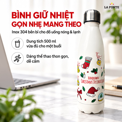 Bình Giữ Nhiệt Inox 304 La Fonte Aura 500 ml Màu Trắng – Giữ Nhiệt 12 - 24 Giờ