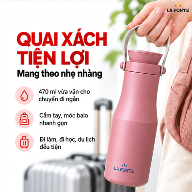 Bình Giữ Nhiệt Inox 304 La Fonte Travel 470 ml Màu Hồng – Quai Xách Tiện Mang Theo