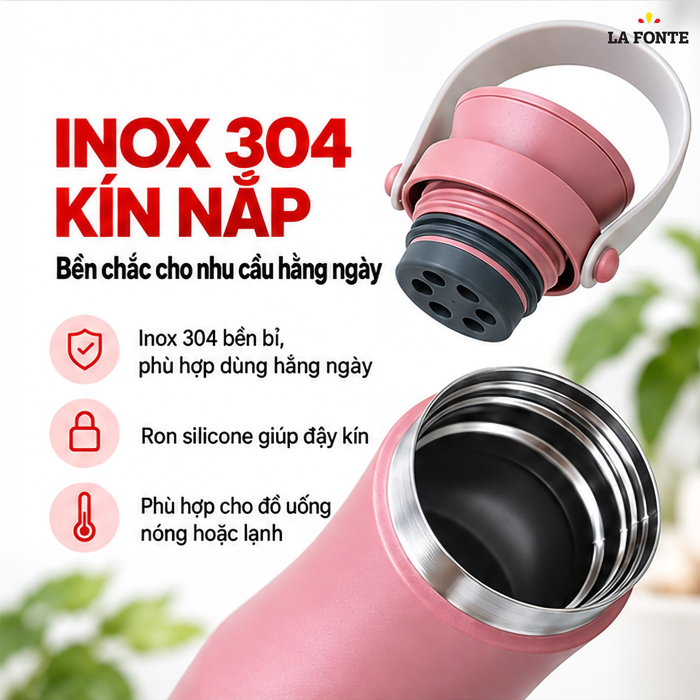 Bình Giữ Nhiệt Inox 304 La Fonte Travel 470 ml Màu Hồng – Quai Xách Tiện Mang Theo