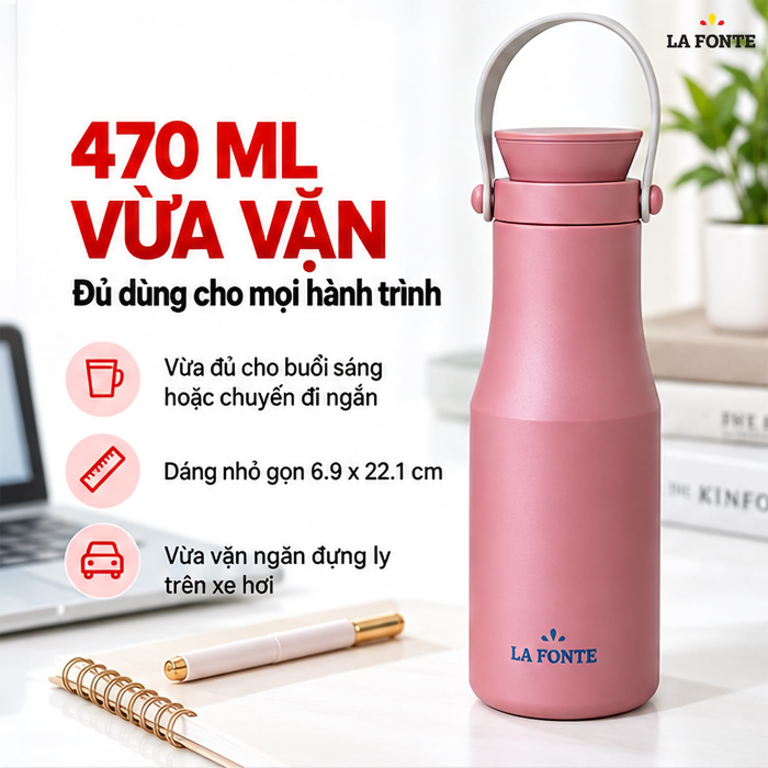 Bình Giữ Nhiệt Inox 304 La Fonte Travel 470 ml Màu Hồng – Quai Xách Tiện Mang Theo