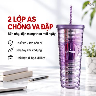 Ly Nhựa 2 Lớp Kèm Ống Hút La Fonte 760 ml Màu Tím Phối Bạc – Kèm Ống Hút Tiện Dụng