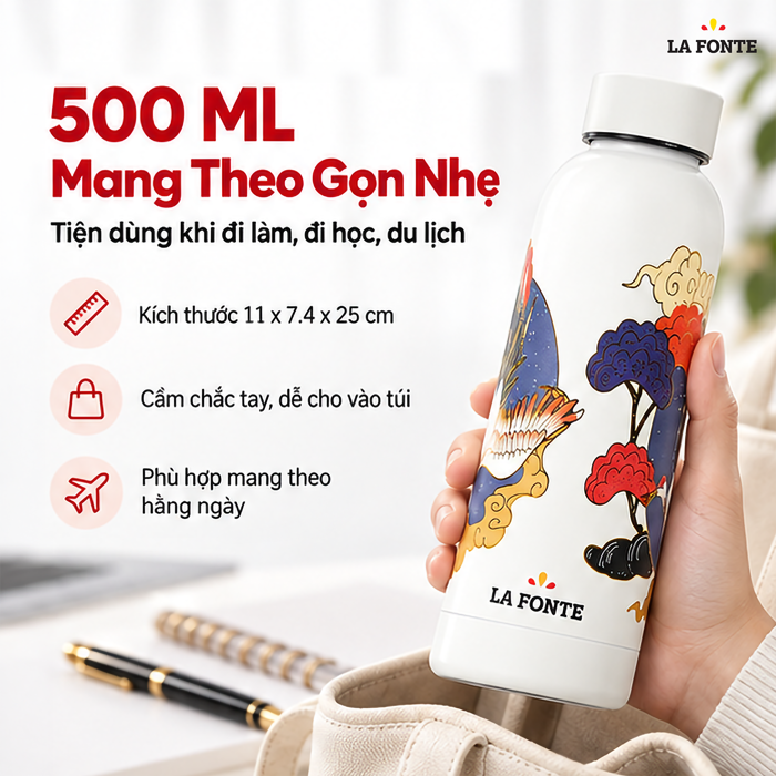 Bình Giữ Nhiệt La Fonte 3D Chim Hạc 500 ml – Họa Tiết Chim Hạc 3D
