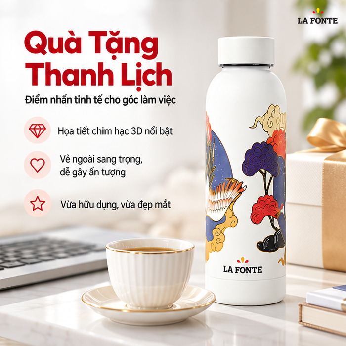 Bình Giữ Nhiệt La Fonte 3D Chim Hạc 500 ml – Họa Tiết Chim Hạc 3D