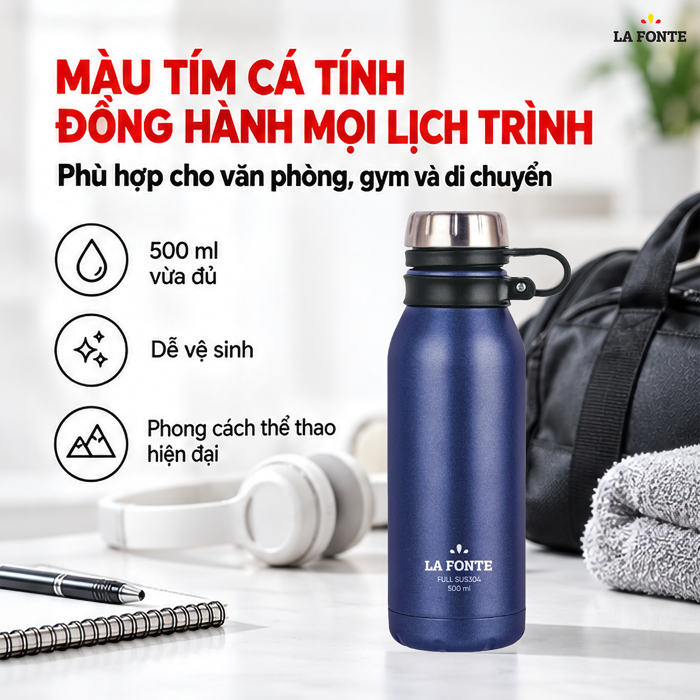 Bình Giữ Nhiệt Thể Thao La Fonte 500 ml Màu Tím – Quai Xách Tiện Mang Theo