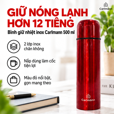Bình Giữ Nhiệt Inox Carlmann 500 ml Màu Đỏ – Cách Nhiệt Chân Không