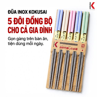 Vỉ 5 Đôi Đũa Inox Kokusai 23.5 cm – Tiện Dùng Trong Bữa Ăn