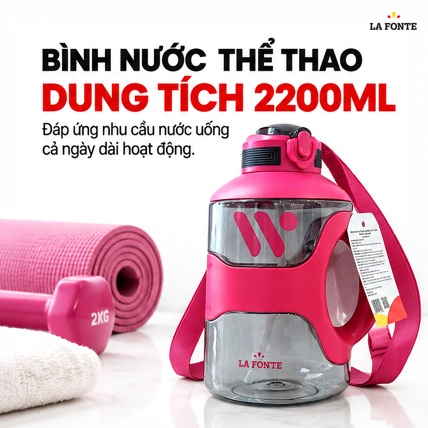 Bình Nước Thể Thao La Fonte 2200 ml Màu Hồng – Tay Cầm Kèm Ống Hút