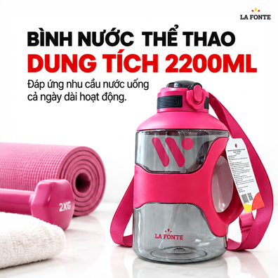 Bình Nước Thể Thao La Fonte 2200 ml Màu Hồng – Tay Cầm Kèm Ống Hút