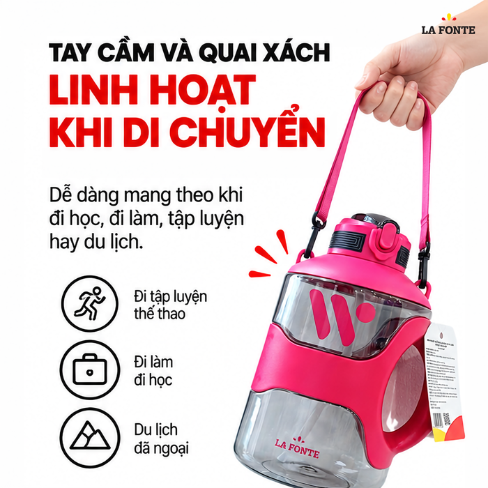Bình Nước Thể Thao La Fonte 2200 ml Màu Hồng – Tay Cầm Kèm Ống Hút